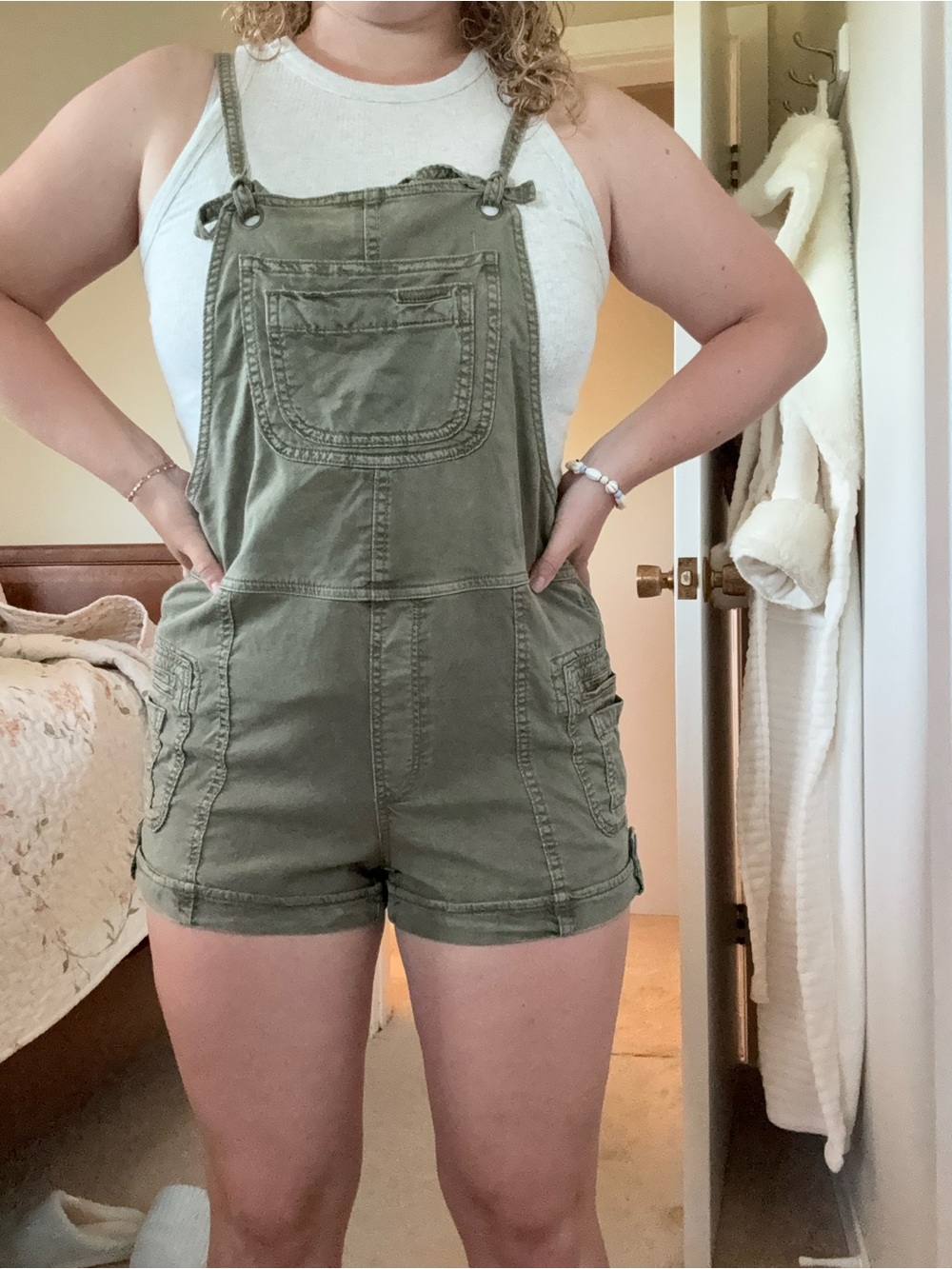 Olive Green Denim Short Overalls - Picture 2 of 3
